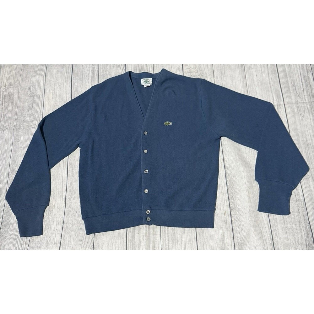 Vintage Izod Lacoste Sweater Mens Medium Blue Cardigan Orlon 80s USA Defect